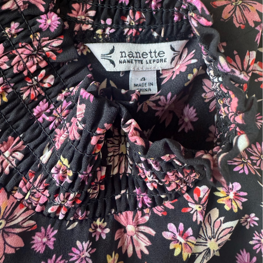 Nanette Lepore Black Floral Mock-Neck Midi Dress with Pink Blossoms - Picture 7 of 10